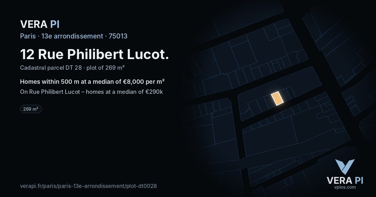 12 Rue Philibert Lucot, 13e arrondissement at night – the plot lit, the parcels around coloured by the prices near them