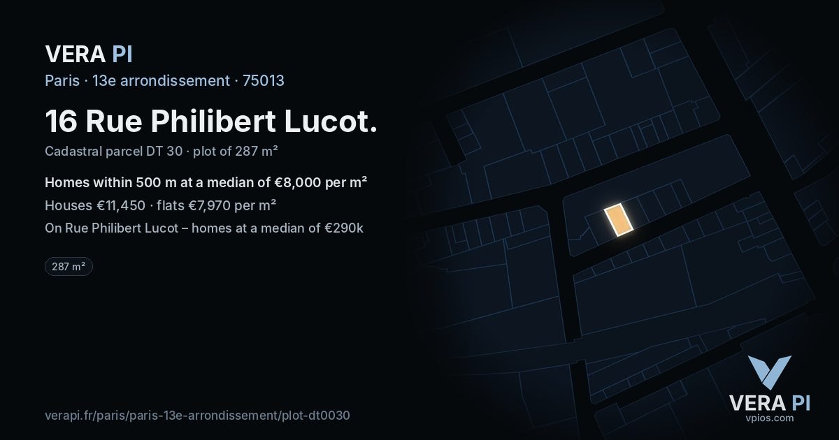 16 Rue Philibert Lucot, 13e arrondissement at night – the plot lit, the parcels around coloured by the prices near them