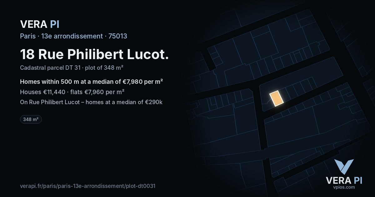 18 Rue Philibert Lucot, 13e arrondissement at night – the plot lit, the parcels around coloured by the prices near them