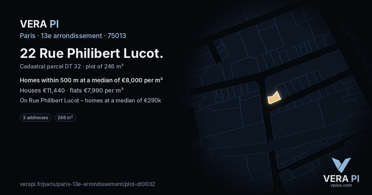 22 Rue Philibert Lucot, 13e arrondissement at night – the plot lit, the parcels around coloured by the prices near them