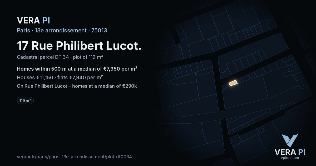 17 Rue Philibert Lucot, 13e arrondissement at night – the plot lit, the parcels around coloured by the prices near them