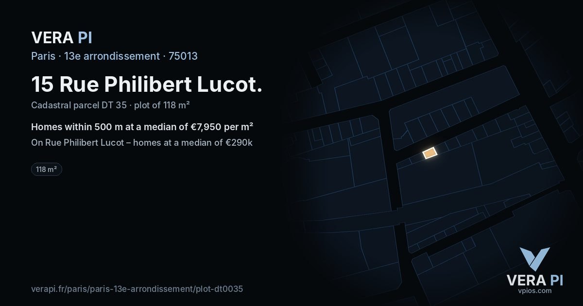 15 Rue Philibert Lucot, 13e arrondissement at night – the plot lit, the parcels around coloured by the prices near them