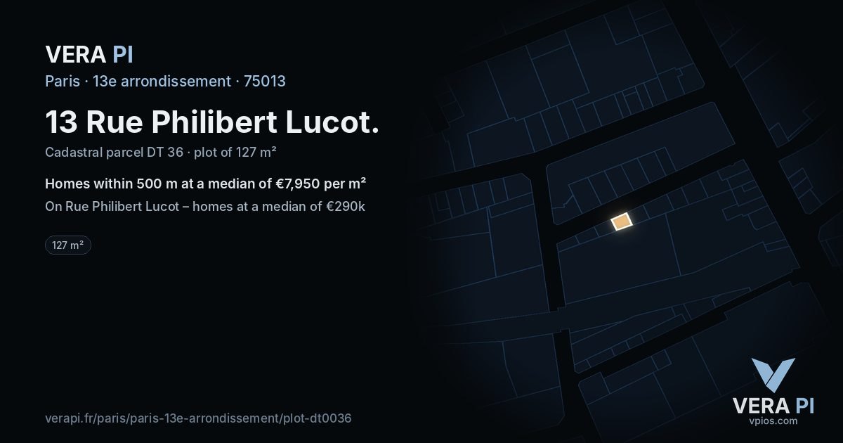 13 Rue Philibert Lucot, 13e arrondissement at night – the plot lit, the parcels around coloured by the prices near them
