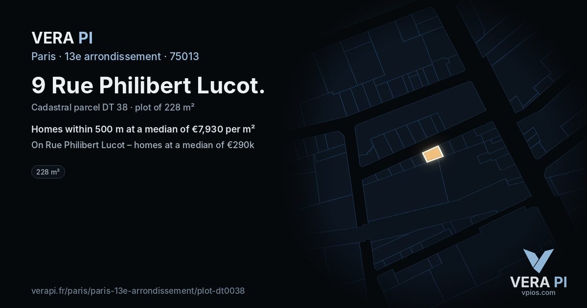 9 Rue Philibert Lucot, 13e arrondissement at night – the plot lit, the parcels around coloured by the prices near them