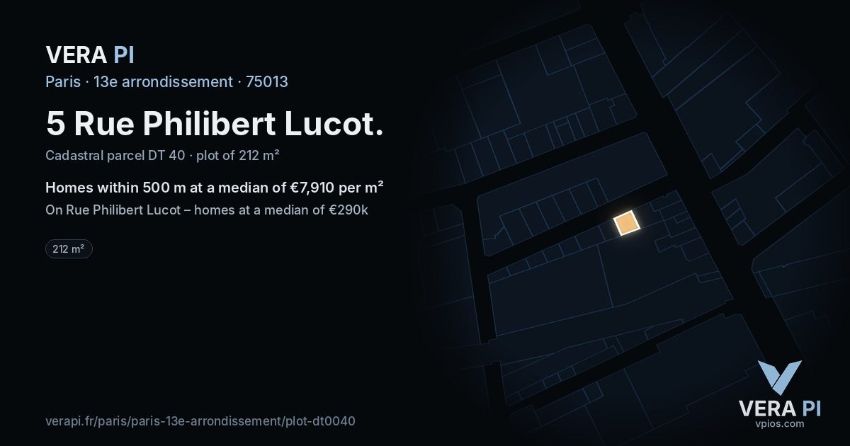 5 Rue Philibert Lucot, 13e arrondissement at night – the plot lit, the parcels around coloured by the prices near them