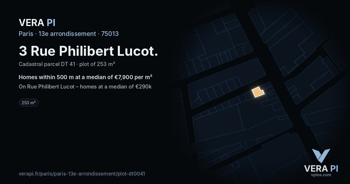 3 Rue Philibert Lucot, 13e arrondissement at night – the plot lit, the parcels around coloured by the prices near them