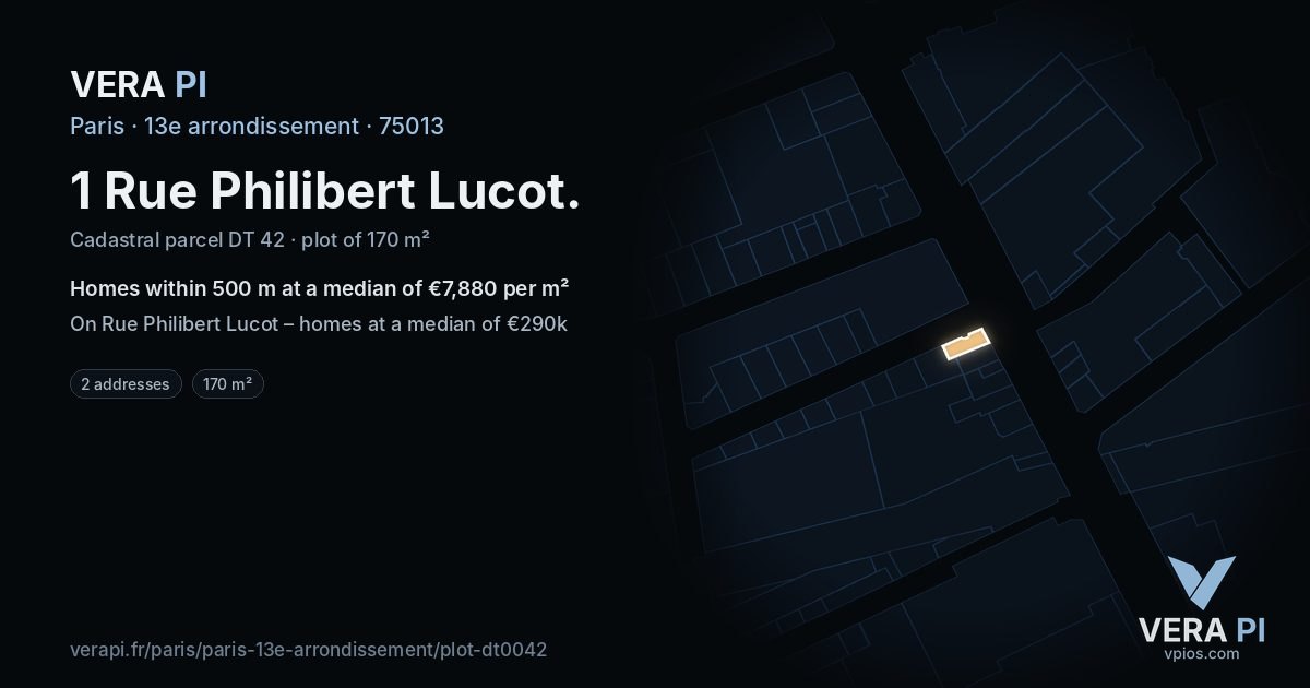 1 Rue Philibert Lucot, 13e arrondissement at night – the plot lit, the parcels around coloured by the prices near them