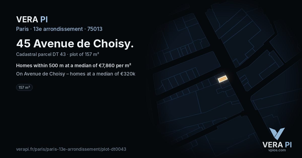 45 Avenue de Choisy, 13e arrondissement at night – the plot lit, the parcels around coloured by the prices near them