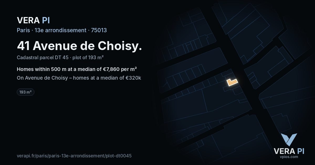 41 Avenue de Choisy, 13e arrondissement at night – the plot lit, the parcels around coloured by the prices near them