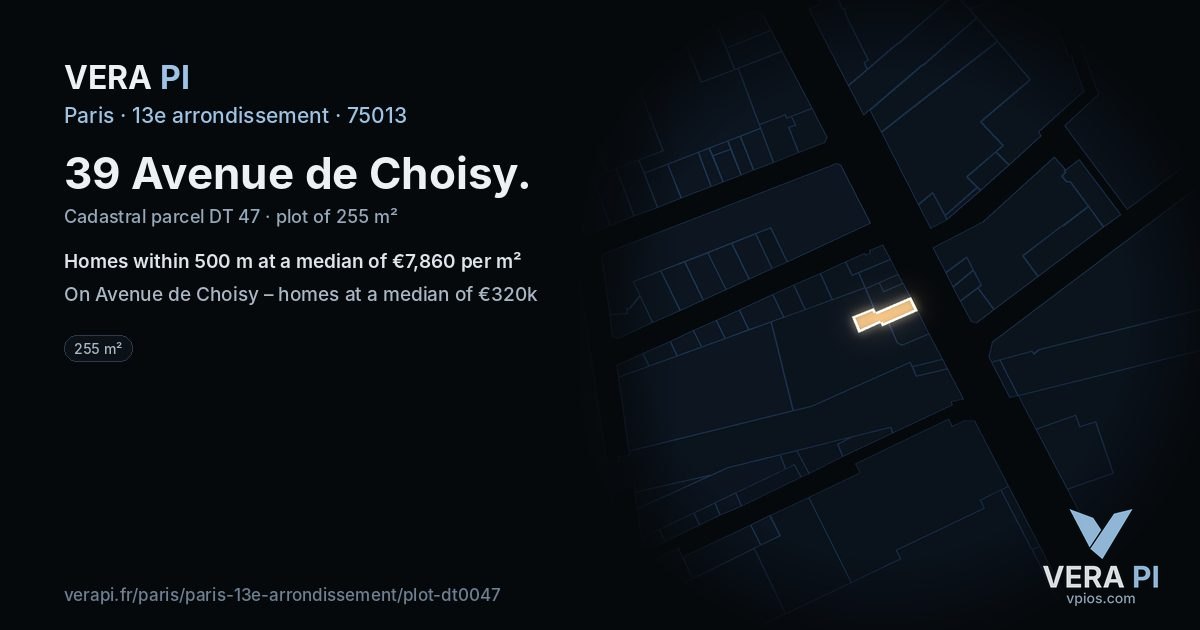 39 Avenue de Choisy, 13e arrondissement at night – the plot lit, the parcels around coloured by the prices near them