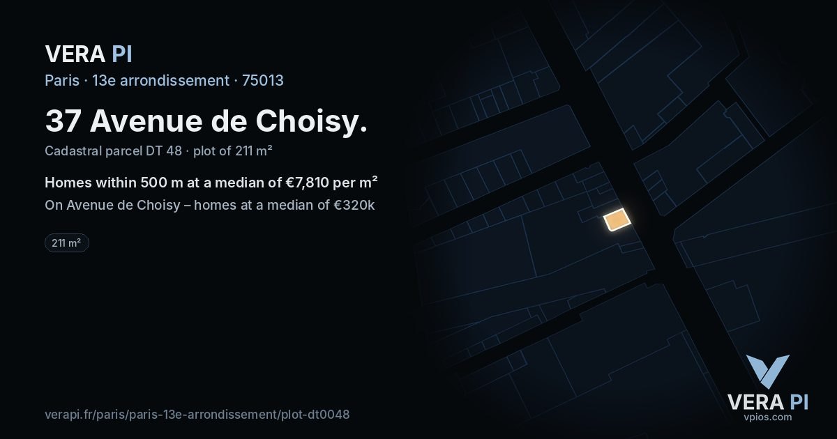 37 Avenue de Choisy, 13e arrondissement at night – the plot lit, the parcels around coloured by the prices near them
