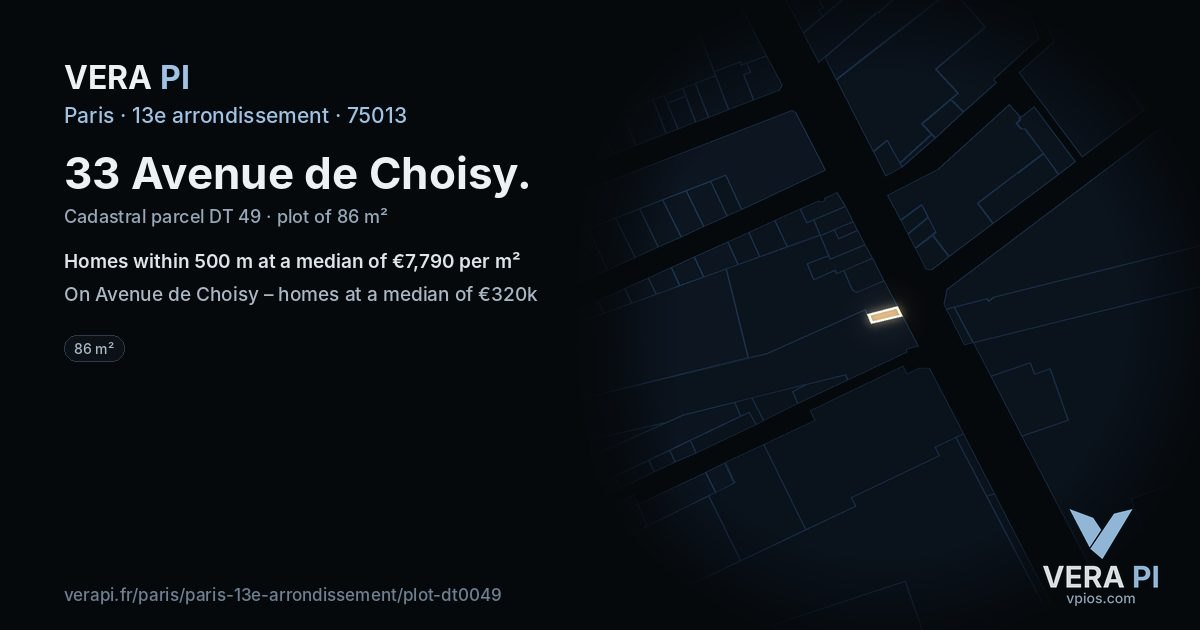 33 Avenue de Choisy, 13e arrondissement at night – the plot lit, the parcels around coloured by the prices near them