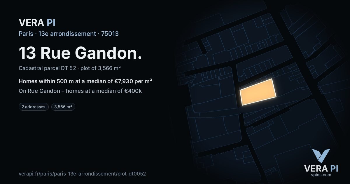 13 Rue Gandon, 13e arrondissement at night – the plot lit, the parcels around coloured by the prices near them