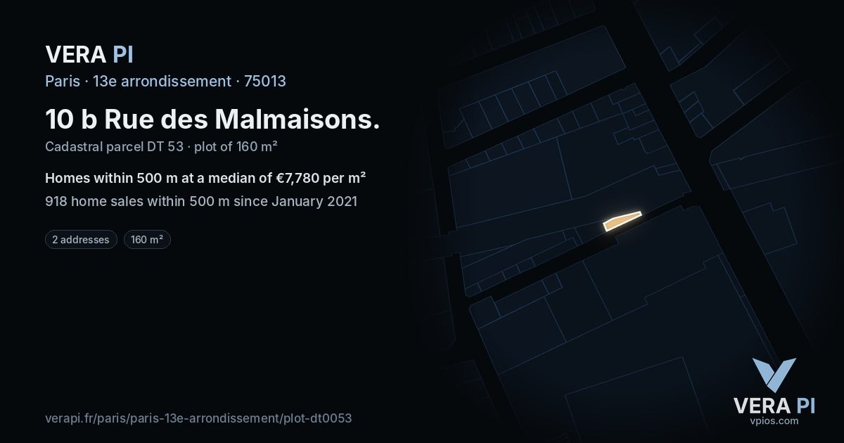 10 b Rue des Malmaisons, 13e arrondissement at night – the plot lit, the parcels around coloured by the prices near them