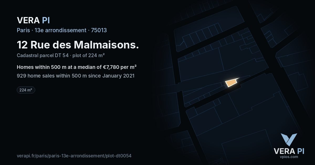 12 Rue des Malmaisons, 13e arrondissement at night – the plot lit, the parcels around coloured by the prices near them