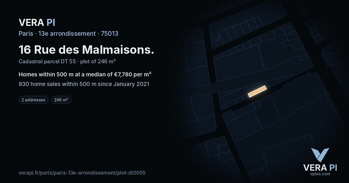 16 Rue des Malmaisons, 13e arrondissement at night – the plot lit, the parcels around coloured by the prices near them