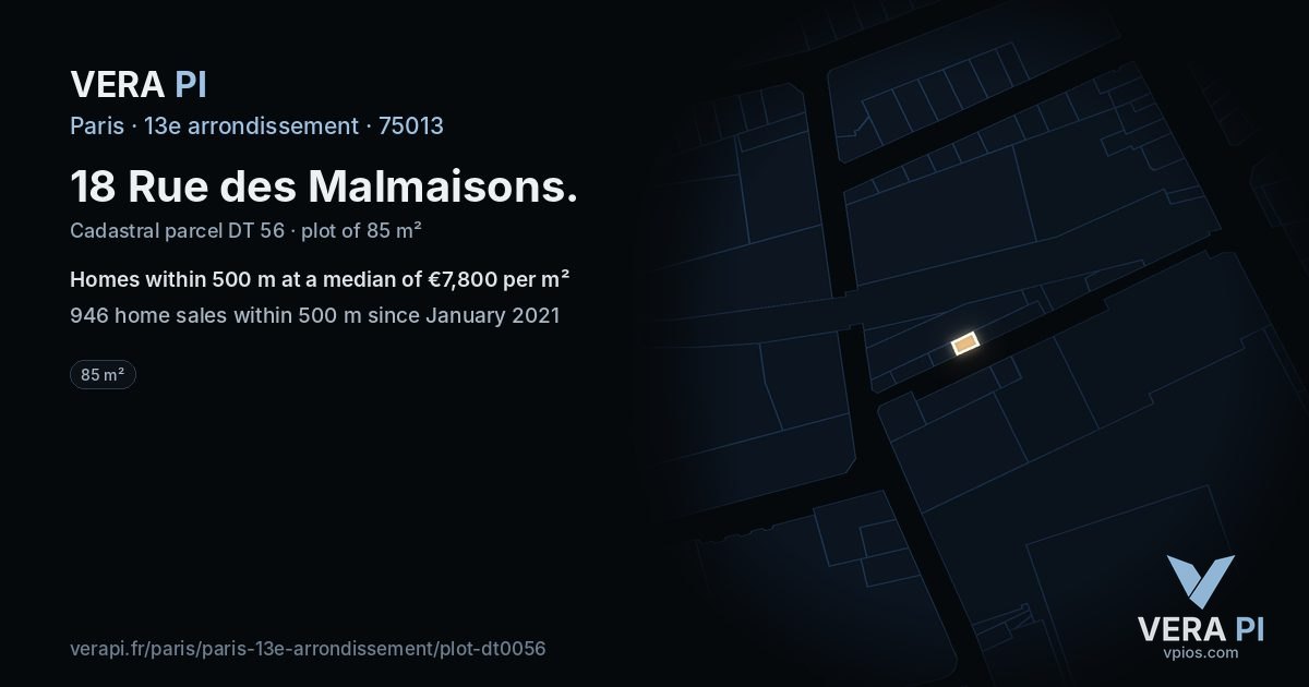 18 Rue des Malmaisons, 13e arrondissement at night – the plot lit, the parcels around coloured by the prices near them
