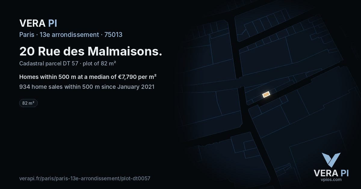 20 Rue des Malmaisons, 13e arrondissement at night – the plot lit, the parcels around coloured by the prices near them