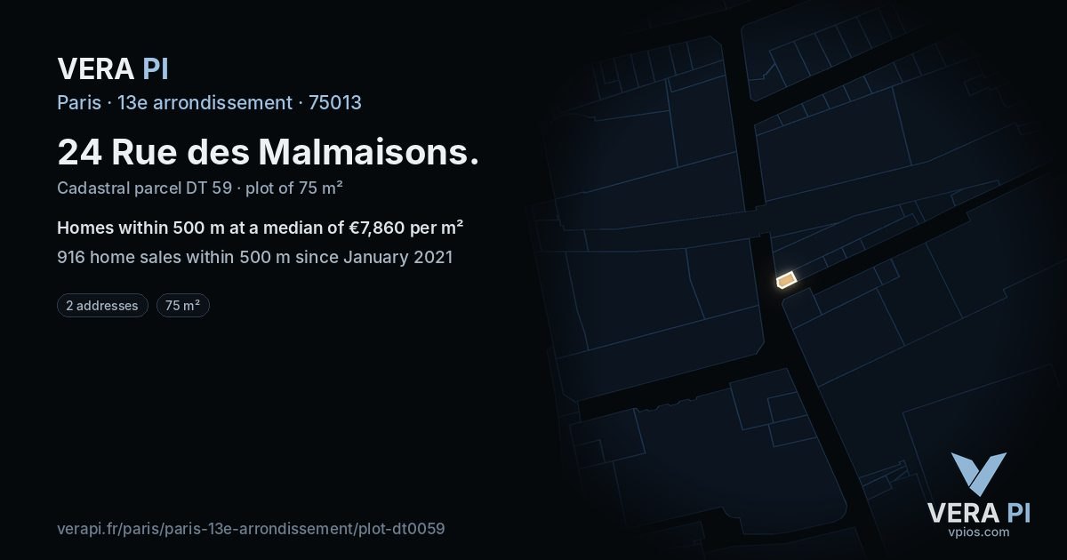 24 Rue des Malmaisons, 13e arrondissement at night – the plot lit, the parcels around coloured by the prices near them