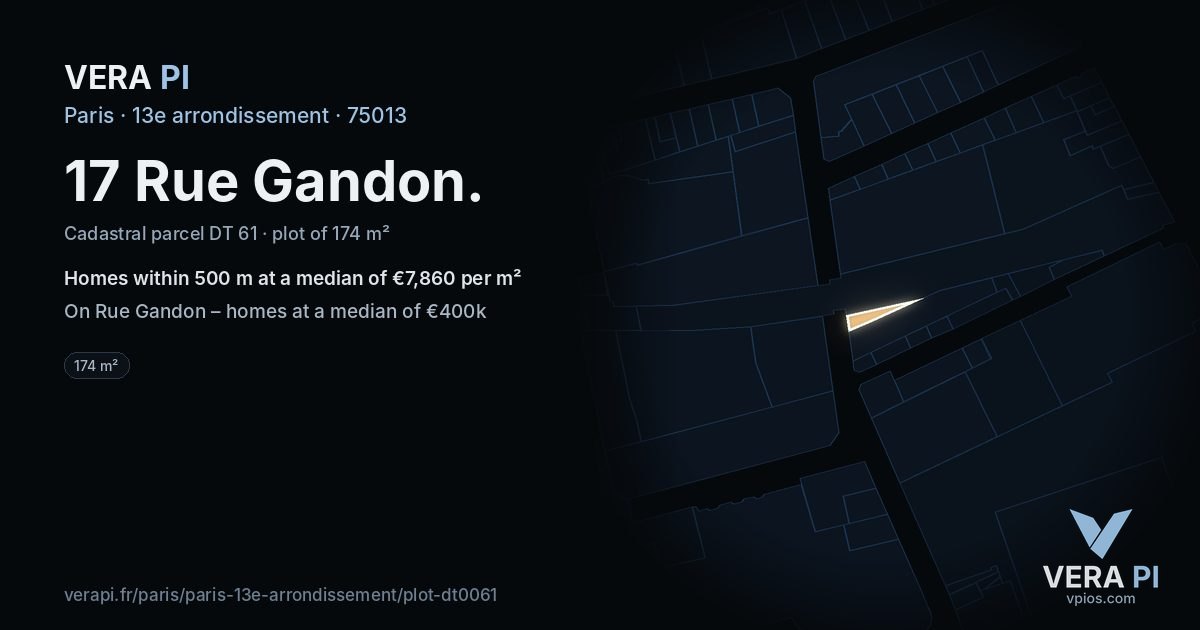 17 Rue Gandon, 13e arrondissement at night – the plot lit, the parcels around coloured by the prices near them