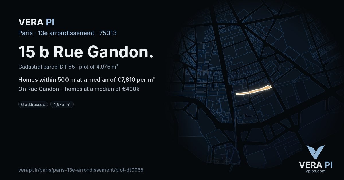 15 b Rue Gandon, 13e arrondissement at night – the plot lit, the parcels around coloured by the prices near them