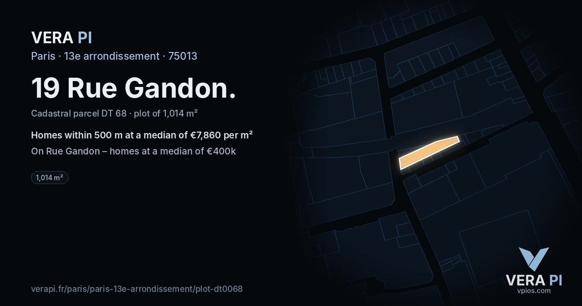 19 Rue Gandon, 13e arrondissement at night – the plot lit, the parcels around coloured by the prices near them