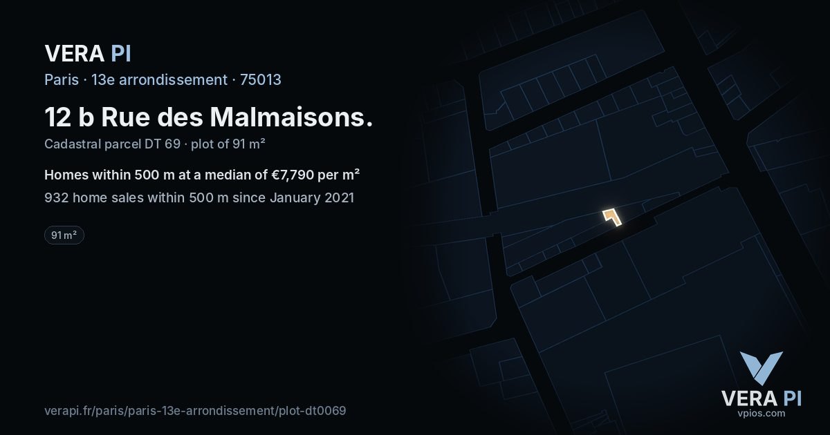12 b Rue des Malmaisons, 13e arrondissement at night – the plot lit, the parcels around coloured by the prices near them