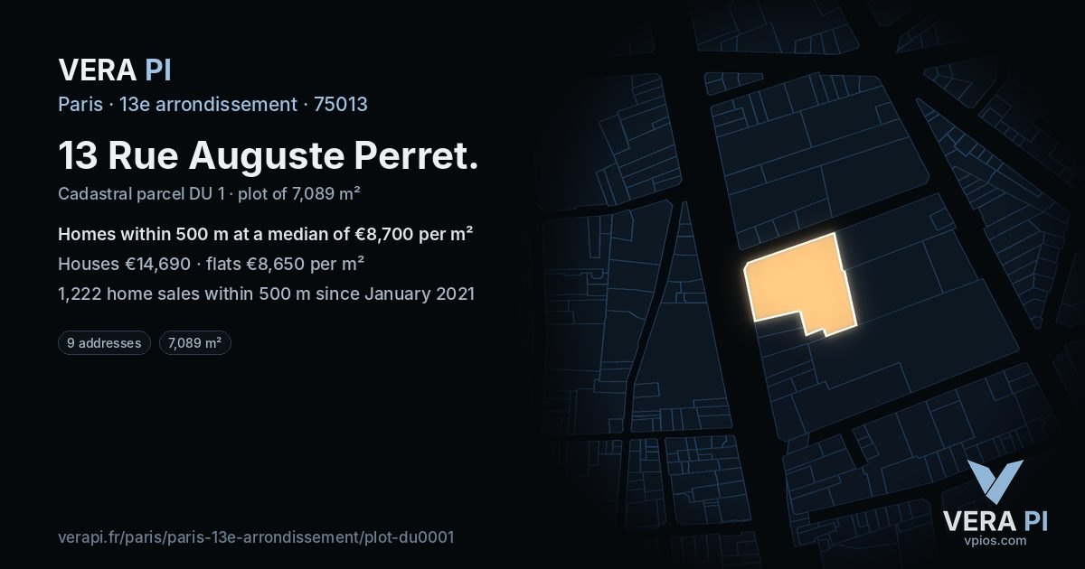 13 Rue Auguste Perret, 13e arrondissement at night – the plot lit, the parcels around coloured by the prices near them