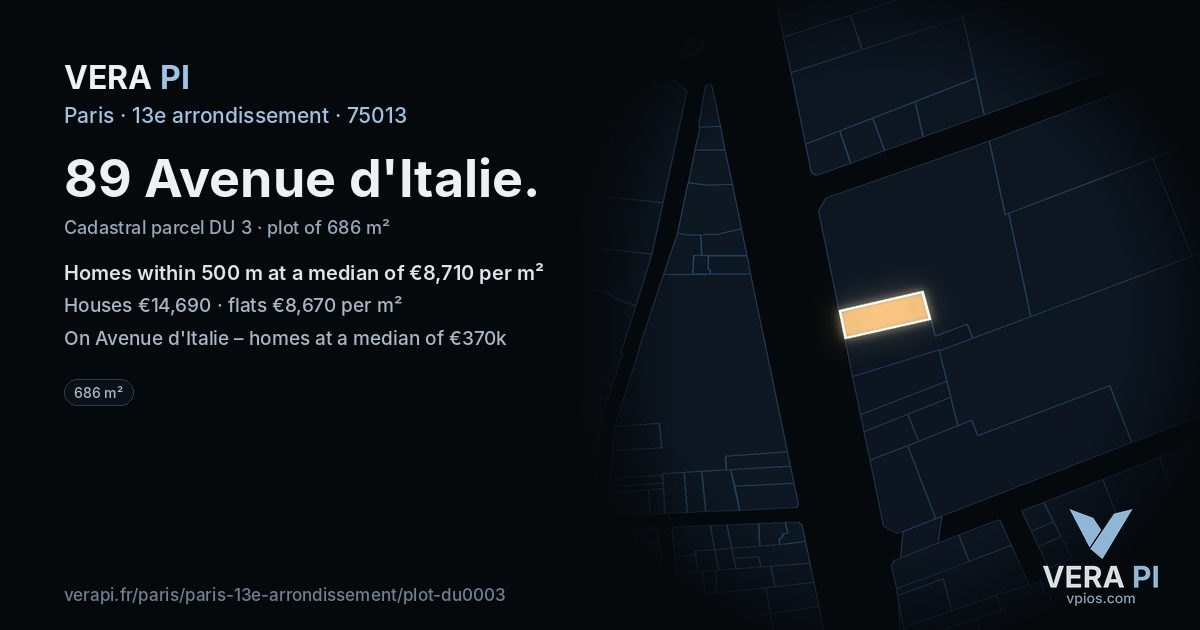 89 Avenue d'Italie, 13e arrondissement at night – the plot lit, the parcels around coloured by the prices near them
