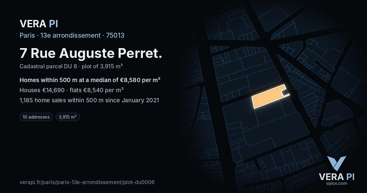 7 Rue Auguste Perret, 13e arrondissement at night – the plot lit, the parcels around coloured by the prices near them