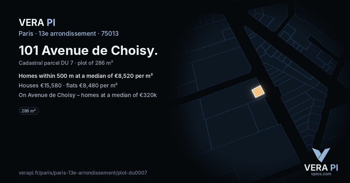 101 Avenue de Choisy, 13e arrondissement at night – the plot lit, the parcels around coloured by the prices near them