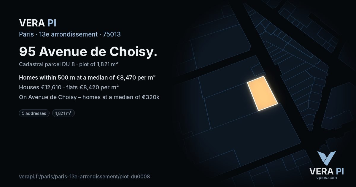 95 Avenue de Choisy, 13e arrondissement at night – the plot lit, the parcels around coloured by the prices near them
