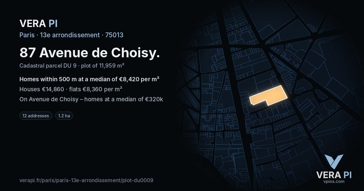 87 Avenue de Choisy, 13e arrondissement at night – the plot lit, the parcels around coloured by the prices near them