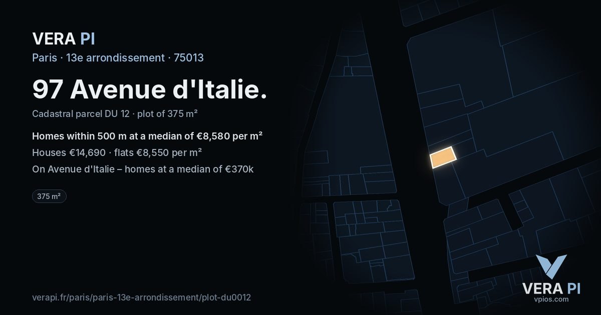 97 Avenue d'Italie, 13e arrondissement at night – the plot lit, the parcels around coloured by the prices near them