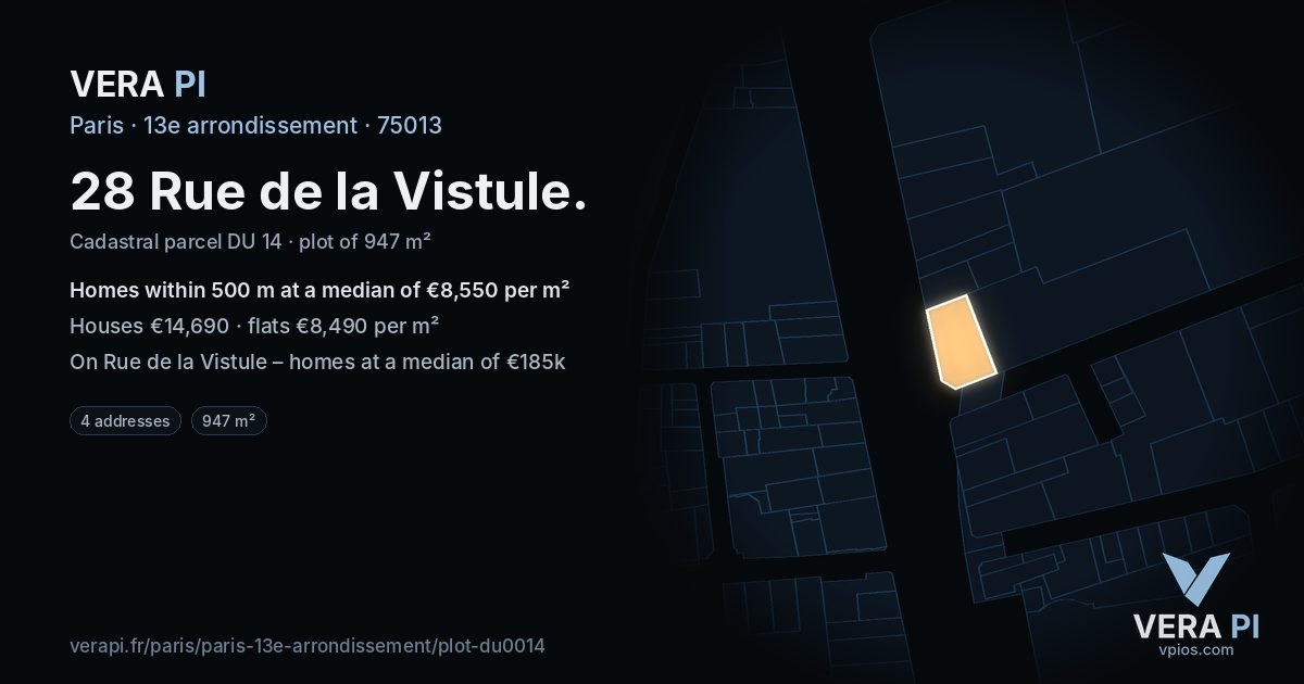 28 Rue de la Vistule, 13e arrondissement at night – the plot lit, the parcels around coloured by the prices near them