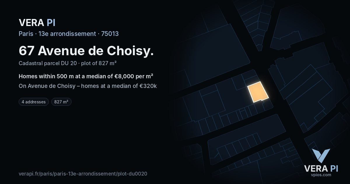67 Avenue de Choisy, 13e arrondissement at night – the plot lit, the parcels around coloured by the prices near them