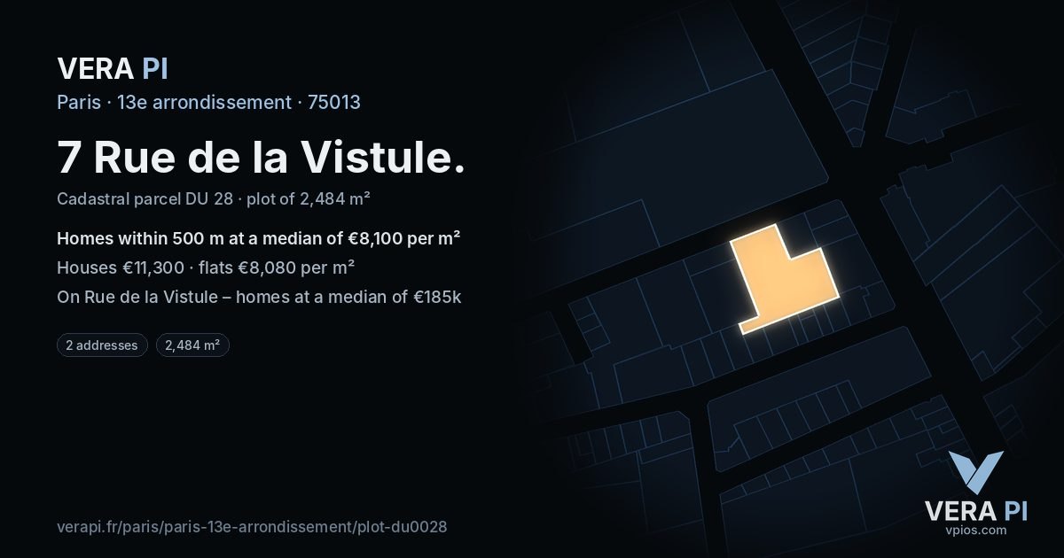 7 Rue de la Vistule, 13e arrondissement at night – the plot lit, the parcels around coloured by the prices near them