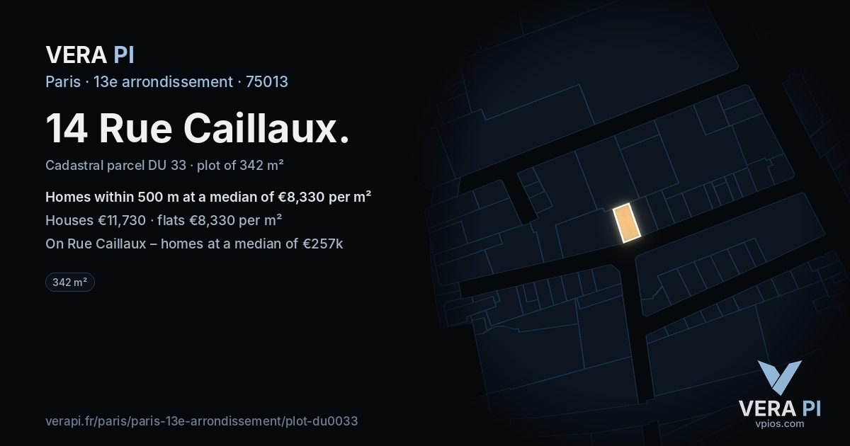 14 Rue Caillaux, 13e arrondissement at night – the plot lit, the parcels around coloured by the prices near them