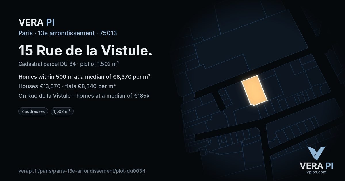 15 Rue de la Vistule, 13e arrondissement at night – the plot lit, the parcels around coloured by the prices near them