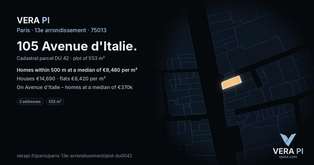 105 Avenue d'Italie, 13e arrondissement at night – the plot lit, the parcels around coloured by the prices near them
