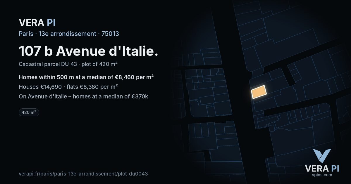 107 b Avenue d'Italie, 13e arrondissement at night – the plot lit, the parcels around coloured by the prices near them