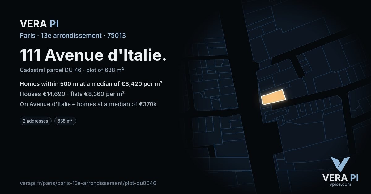 111 Avenue d'Italie, 13e arrondissement at night – the plot lit, the parcels around coloured by the prices near them