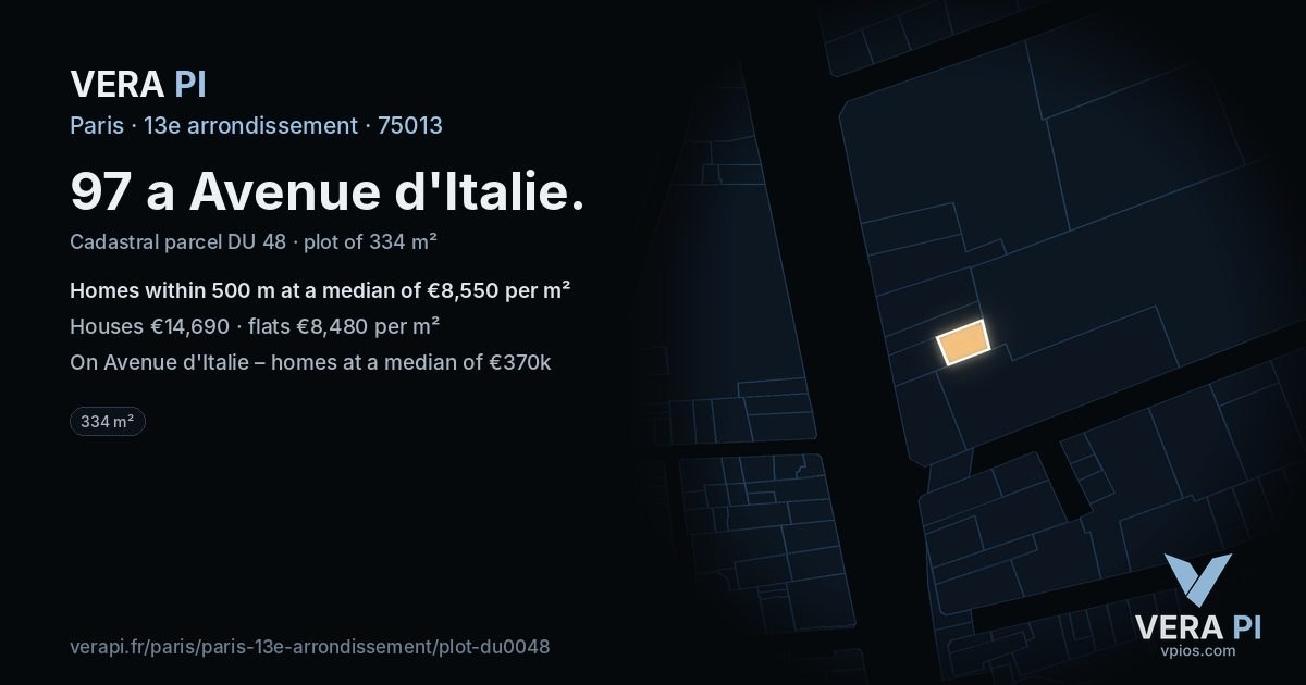 97 a Avenue d'Italie, 13e arrondissement at night – the plot lit, the parcels around coloured by the prices near them