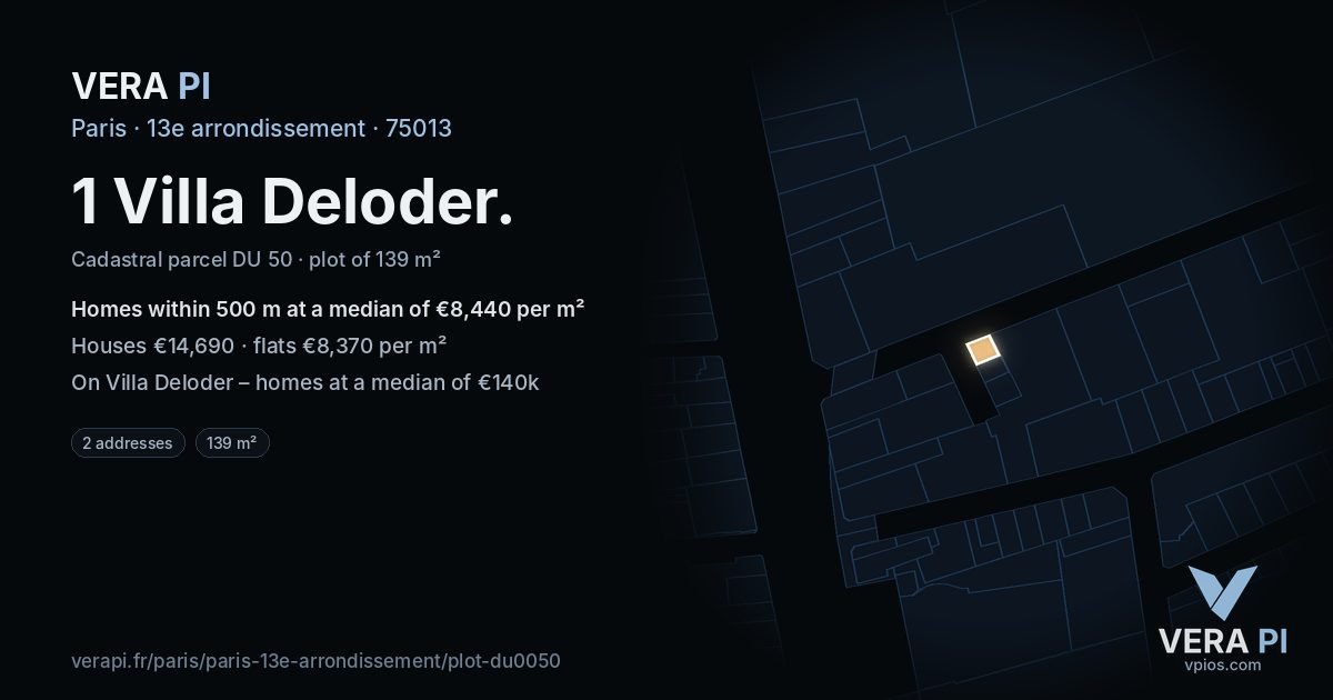 1 Villa Deloder, 13e arrondissement at night – the plot lit, the parcels around coloured by the prices near them