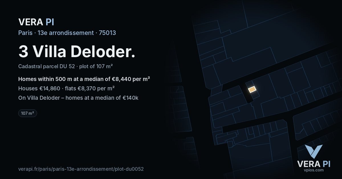 3 Villa Deloder, 13e arrondissement at night – the plot lit, the parcels around coloured by the prices near them