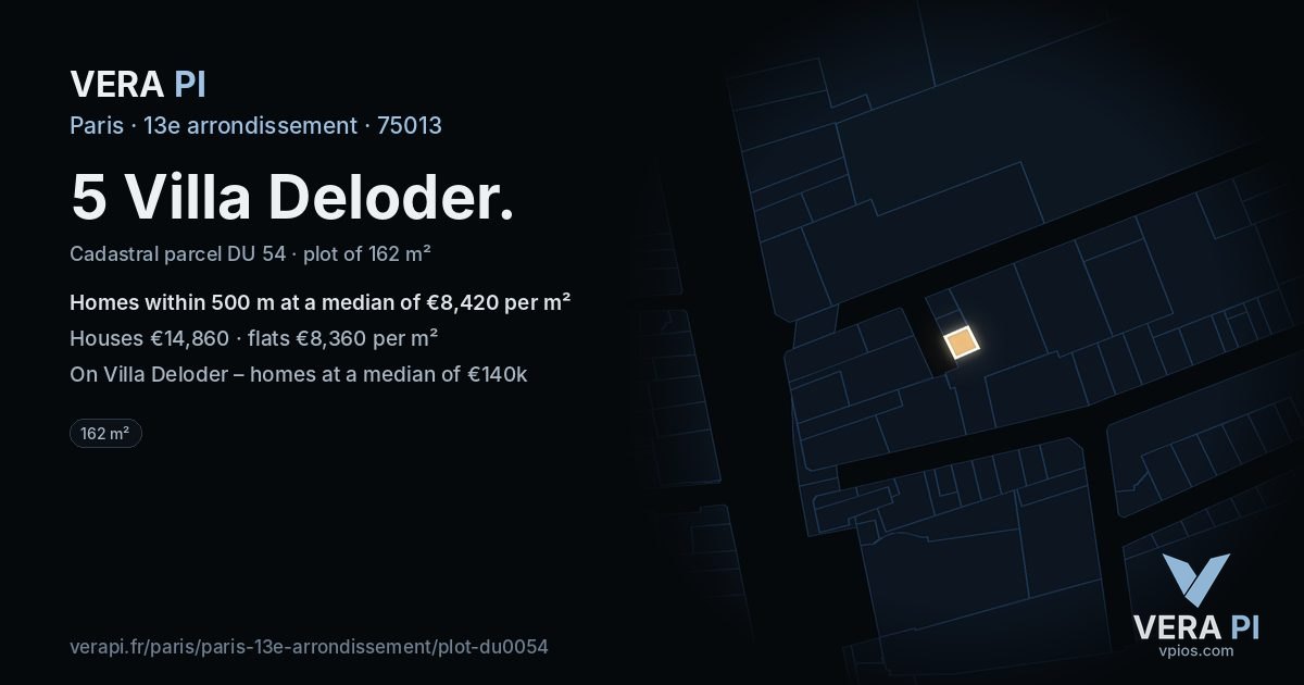 5 Villa Deloder, 13e arrondissement at night – the plot lit, the parcels around coloured by the prices near them