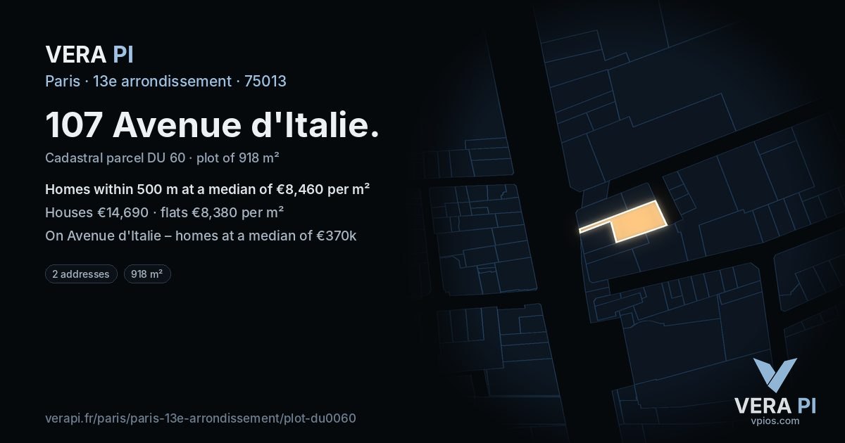 107 Avenue d'Italie, 13e arrondissement at night – the plot lit, the parcels around coloured by the prices near them