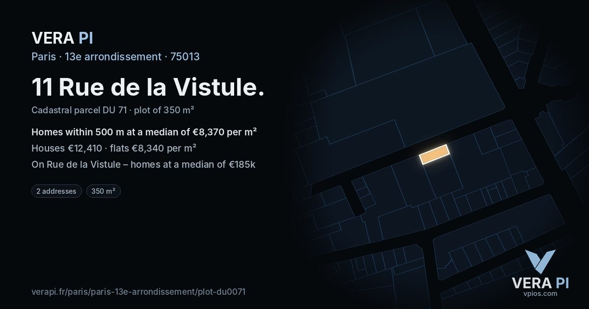11 Rue de la Vistule, 13e arrondissement at night – the plot lit, the parcels around coloured by the prices near them