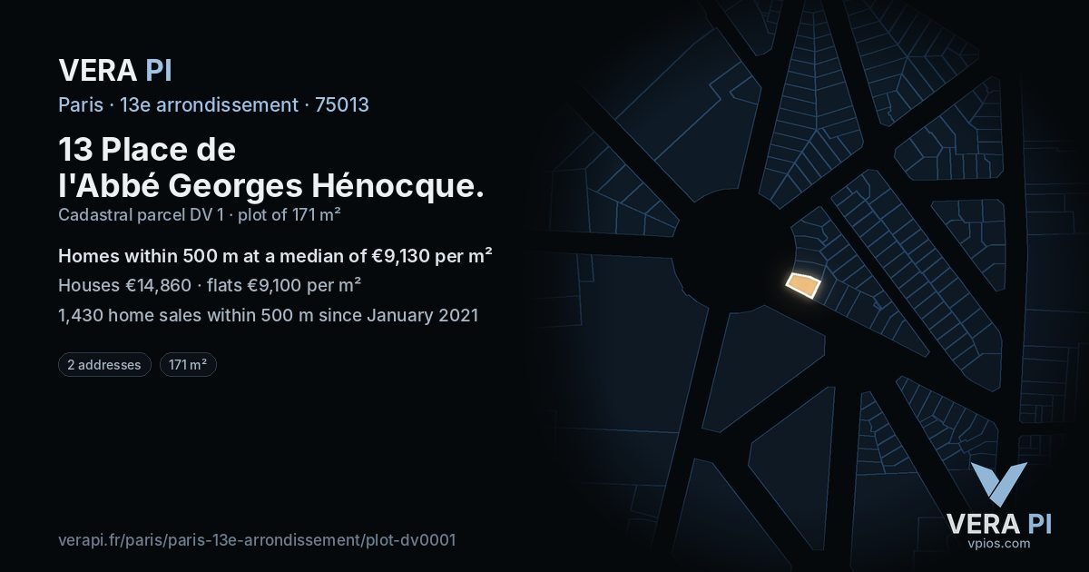 13 Place de l'Abbé Georges Hénocque, 13e arrondissement at night – the plot lit, the parcels around coloured by the prices near them