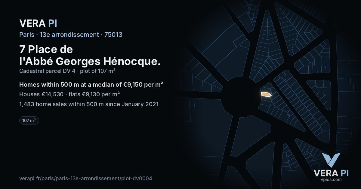 7 Place de l'Abbé Georges Hénocque, 13e arrondissement at night – the plot lit, the parcels around coloured by the prices near them